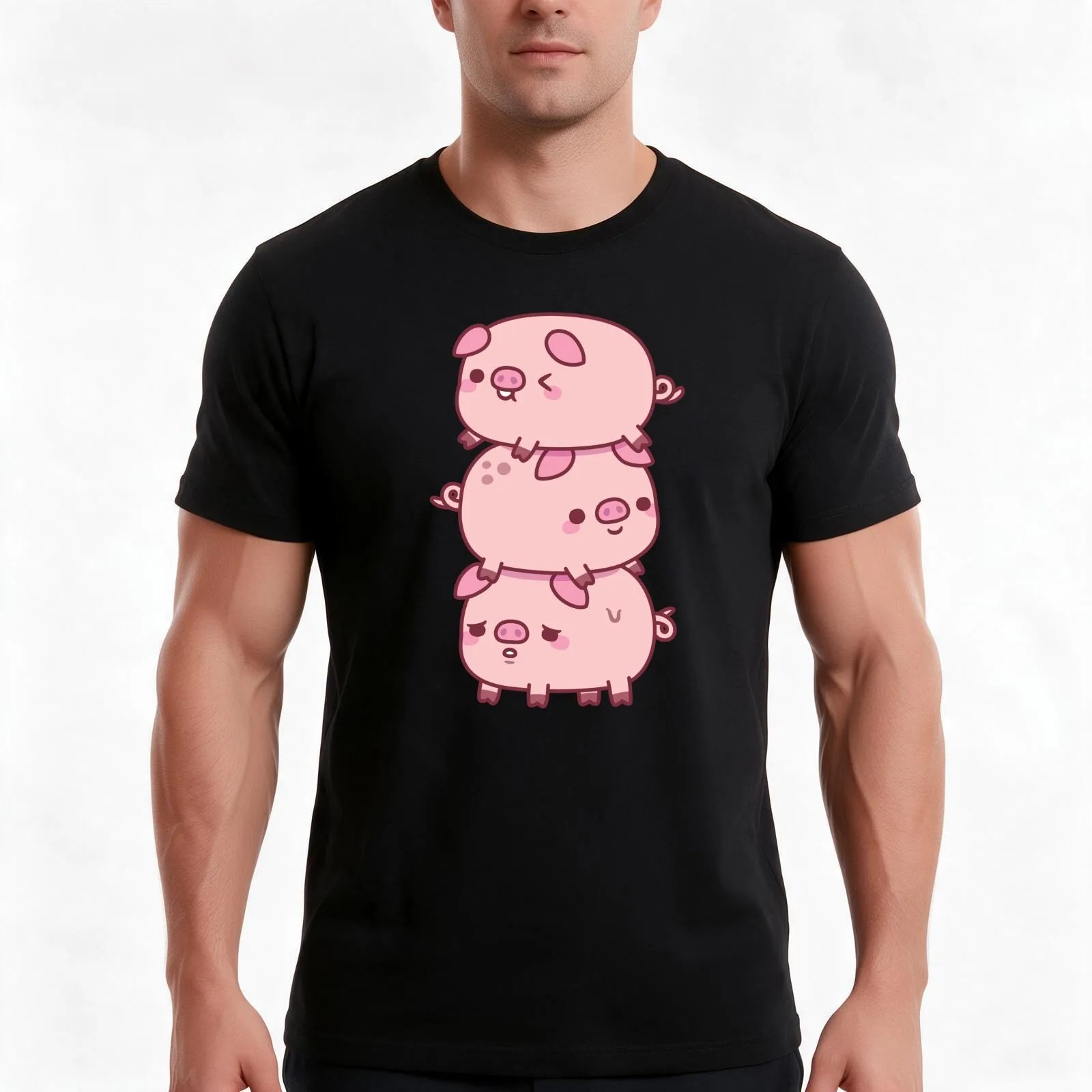Cute Three Little Pigs Stacked Together Funny T-Shirt, Summer Casual Cotton Tee, Oversized Streetwear Tops, Unisex Men Women