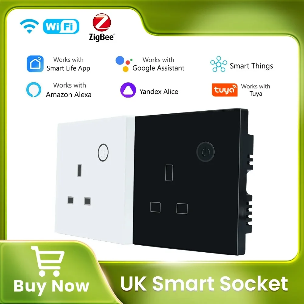 

Умная розетка Tuya UK Wi-Fi/ZigBee, пластиковая розетка для мониторинга энергии, нейтральный провод 13A, управление Smart Life Alexa