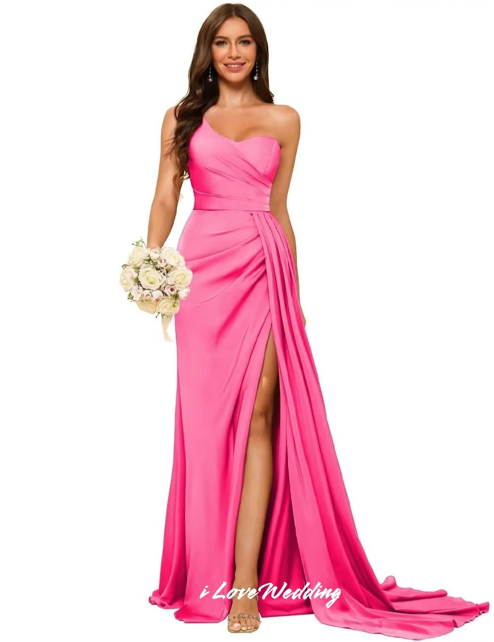 สีชมพูหนึ่งไหล่ชุดเจ้าสาว 2025 ซาตินแขนกุดMermaidด้านข้างแยกRuched Sweep Trainงานแต่งงานชุดที่กําหนดเอง