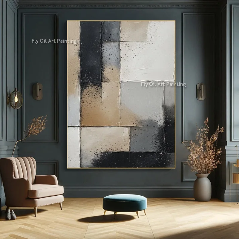 Monochrome Coffee Grid Canvas Hand Painted Thick Layer Oil Painting, Contemporary Dark Entry Hall Abstract Wall Ornament