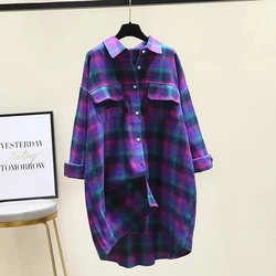 Purple Plaid Vintage Polo Neck Mid-Length Women's Blouse Shirt Long Sleeve Single Breasted Loose Female Clothing 2023 Spring