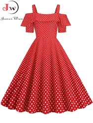 Polka Dot High Waist Vintage 50s Pleated Dress Women Summer Spaghetti Strap Elegant Ruffles Party Sundress