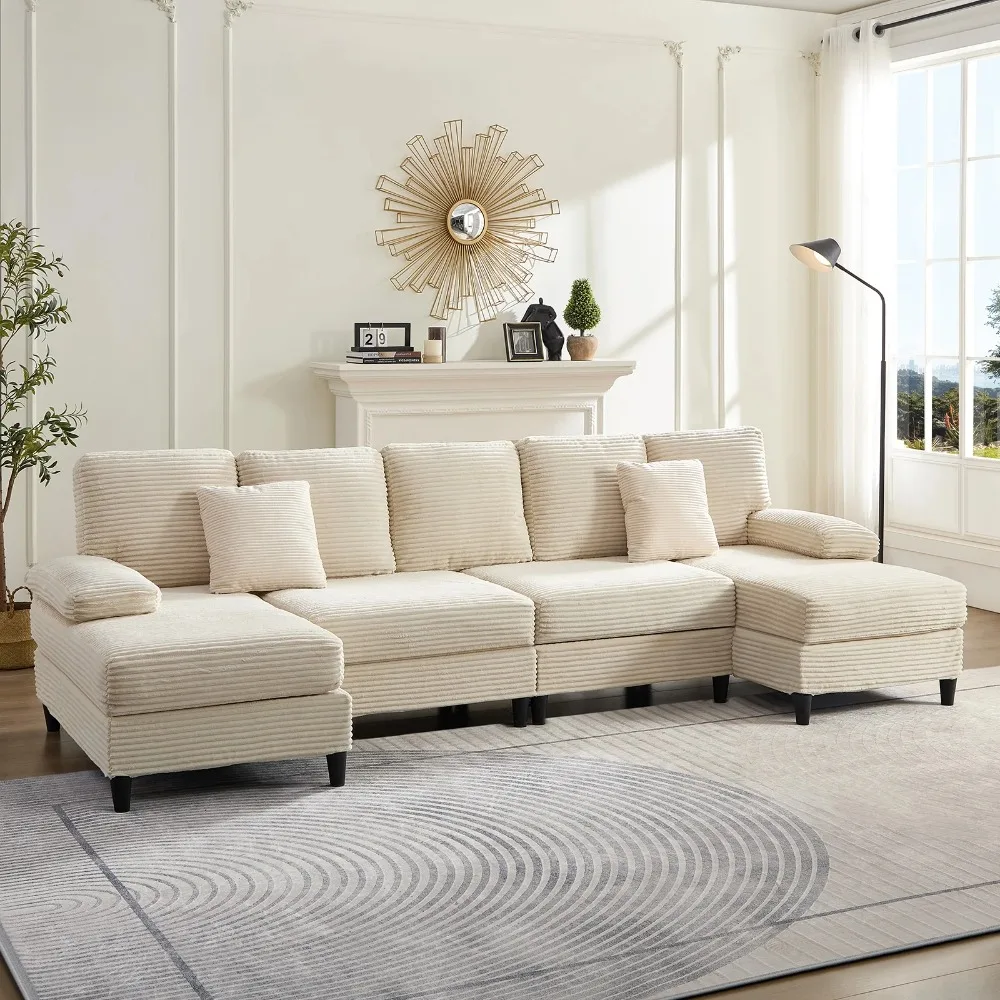 U-förmiges Sofagarnitur mit doppeltem Chaiselongue, Wohnzimmersofa und Couch, Beige