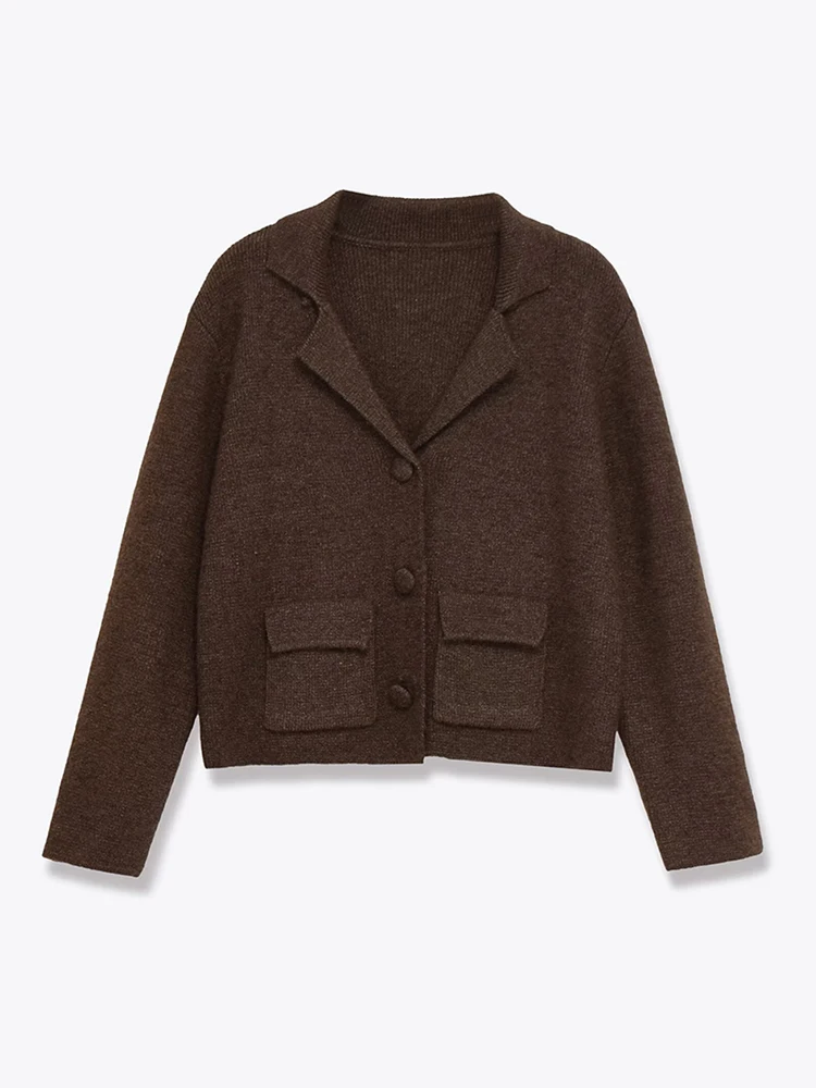 

Casual Lapel Pocket Knitted Short Cardigan Women Chic V-neck Single Breasted Full Sleeves Loose Sweaters Lady Autumn Street Wear
