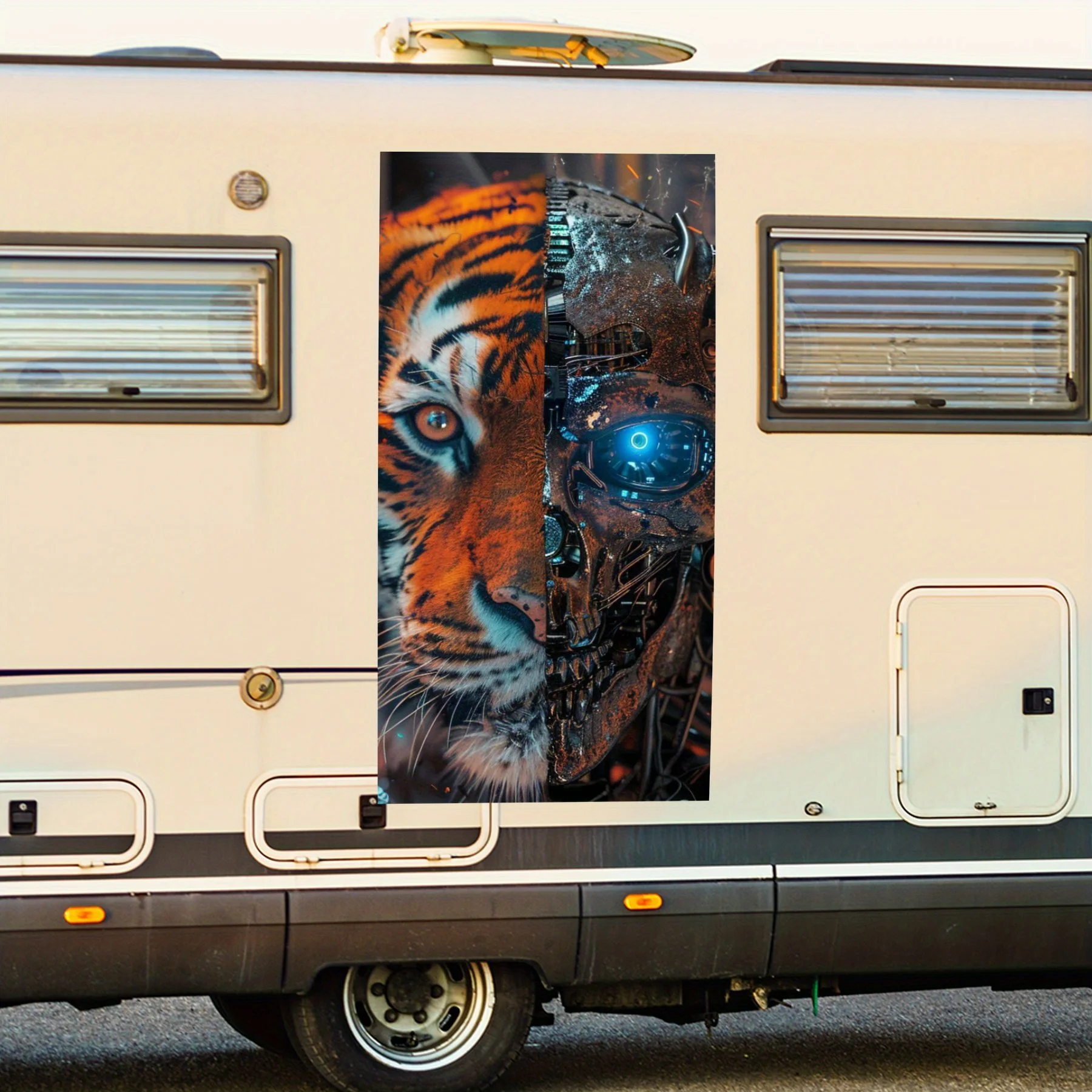 

Автомобильная наклейка с тигром и механическим черепом, виниловая наклейка на сторону дома на моторику, водонепроницаемая самоклеящаяся виниловая наклейка на