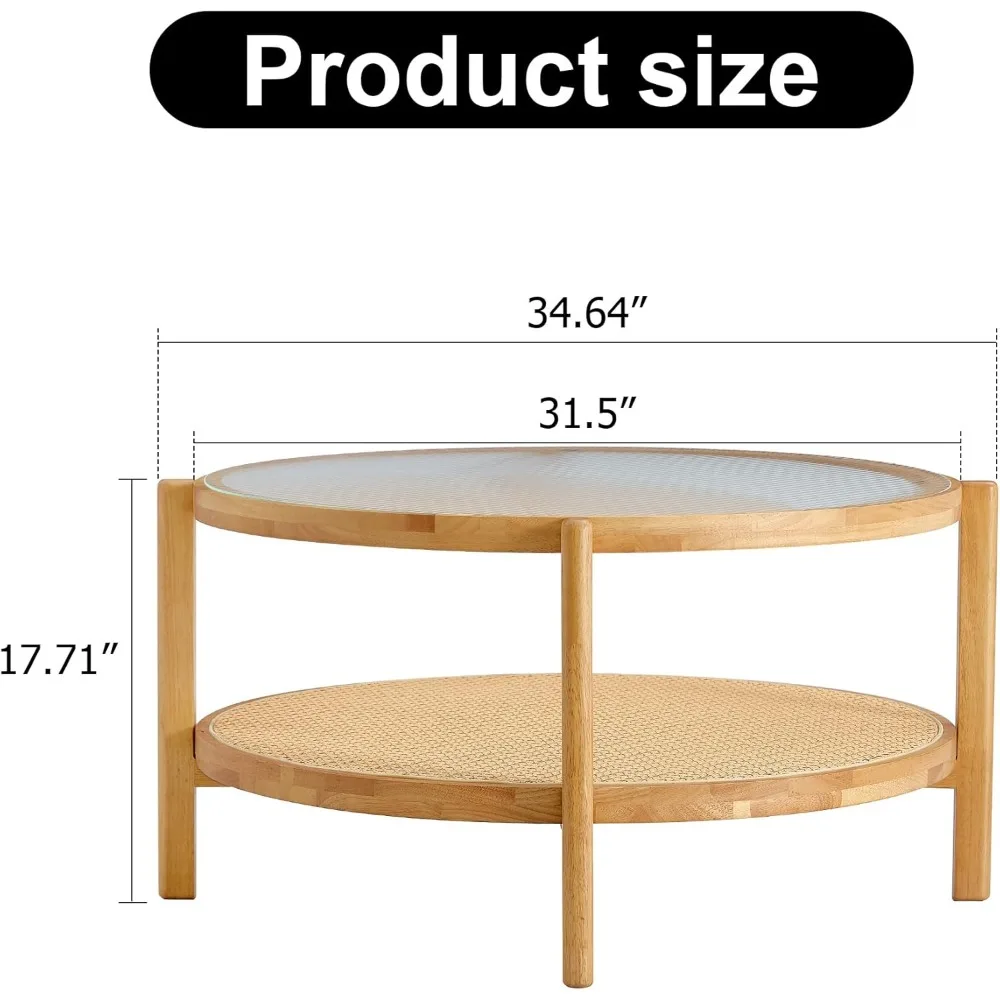 Mid Century Modern Coffee Table with Glass Top and PE Rattan Storage Shelf, 2-Tier 35 Inch Solid Wood Round Boho Coffe Table, Un