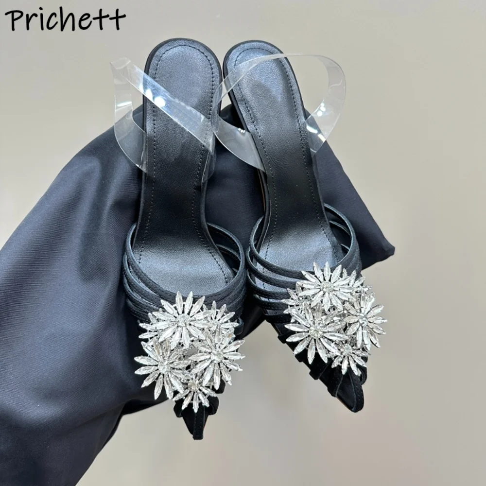 

Black Crystal Flower Sandals Narrow Band Hollow Ankle Band Pointy Toe Thin Heels Sexy Solid Shoes Women's Elegant Trendy Shoes