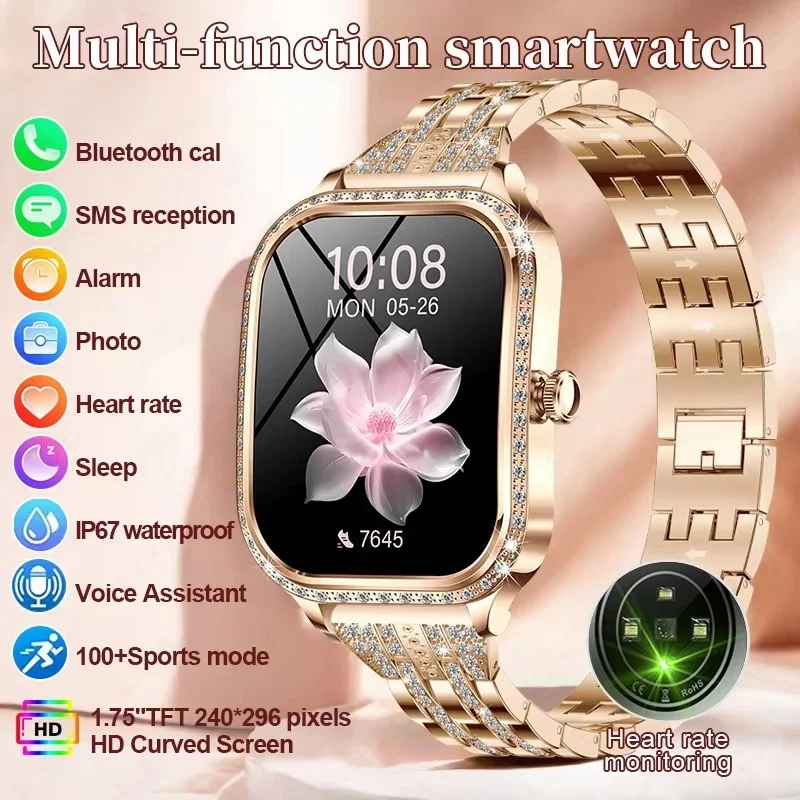 

Fashion Women Smart Watch 1.75inch Curved Screen Sport Bracelet BT HD Calling Clock IP68 Waterproof Diamond Case Smartwatch