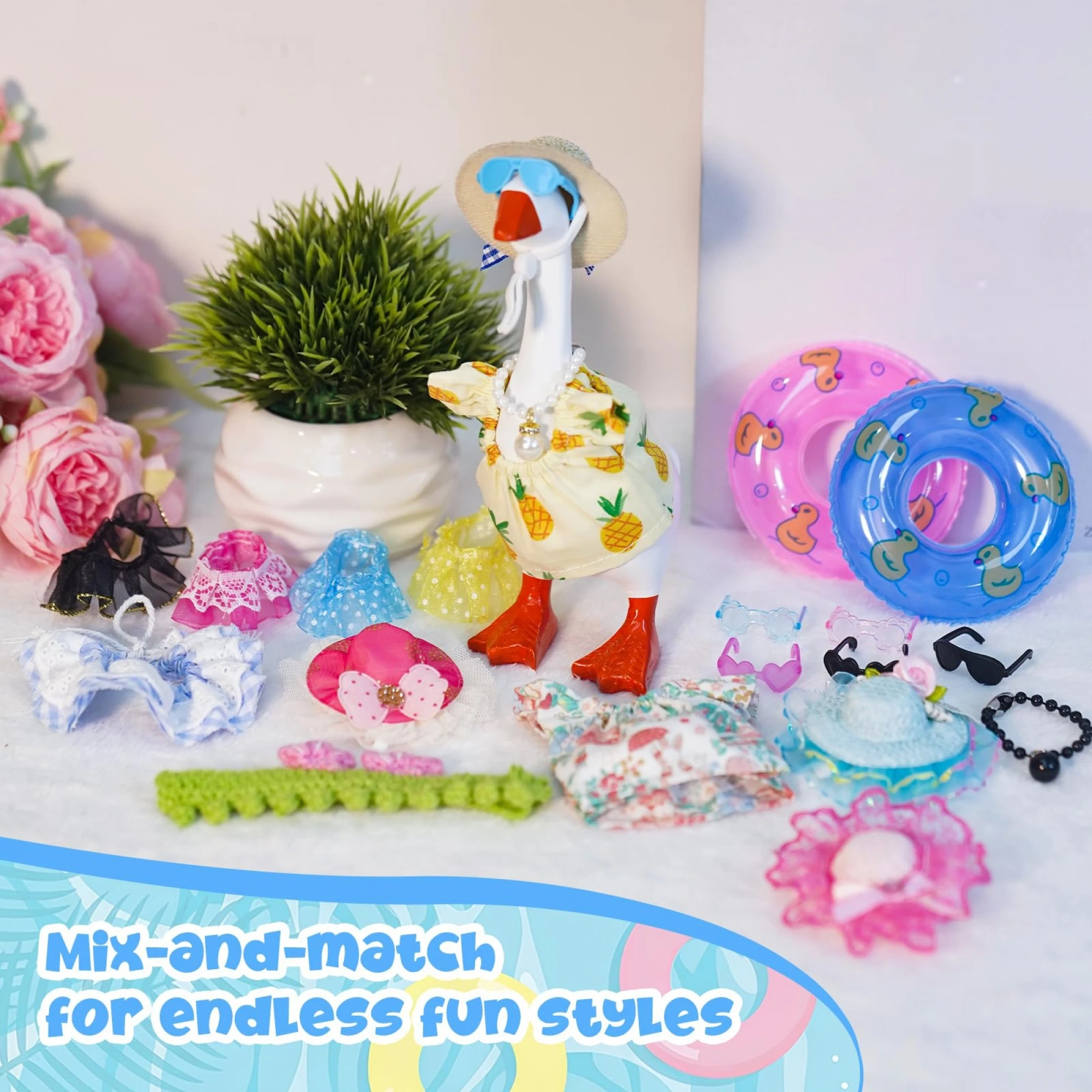 22Pcs Desk Goose Accessories for 7inch Goose Summer Mini Goose Outfits Necklace Sunglasses Hat and More