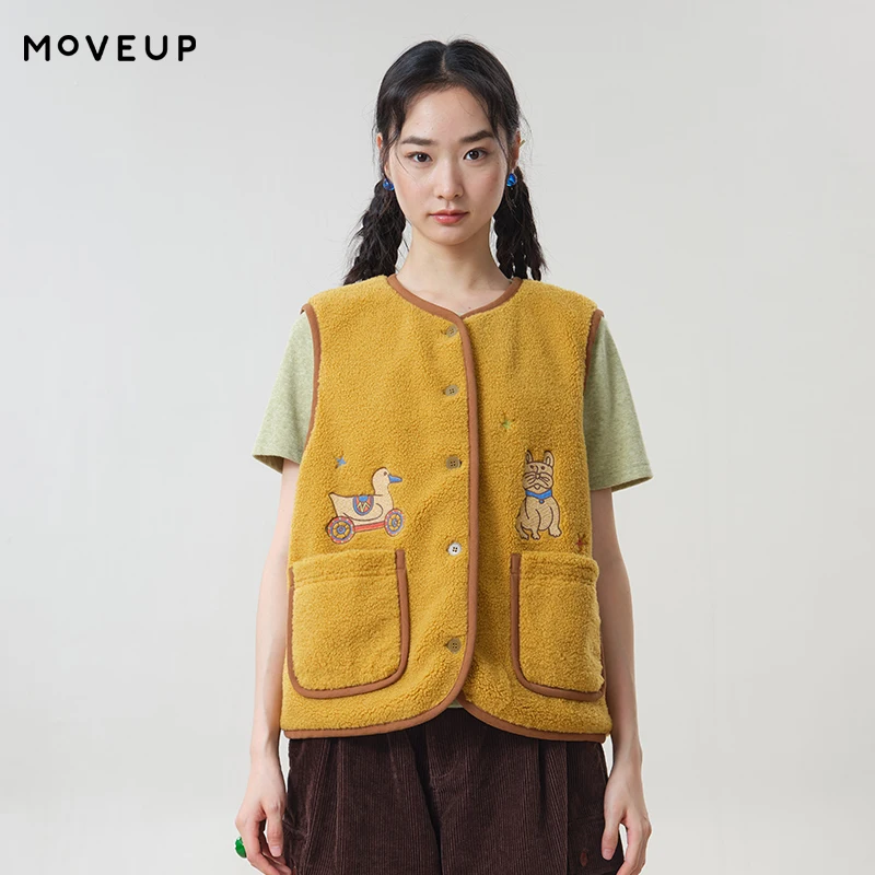 MOVEUP Women's Embroidered Contrast Edge Vest 2026 Autumn Button‑Up Pockets Round Neck Vests Sleeveless Waistcoat Coat 3ELQ11001