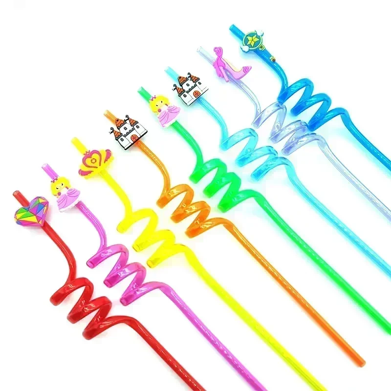 Pajitas en espiral de plástico para decoración de fiesta de cumpleaños de niños, Pajita reutilizable, unicornio, Navidad, animales marinos,