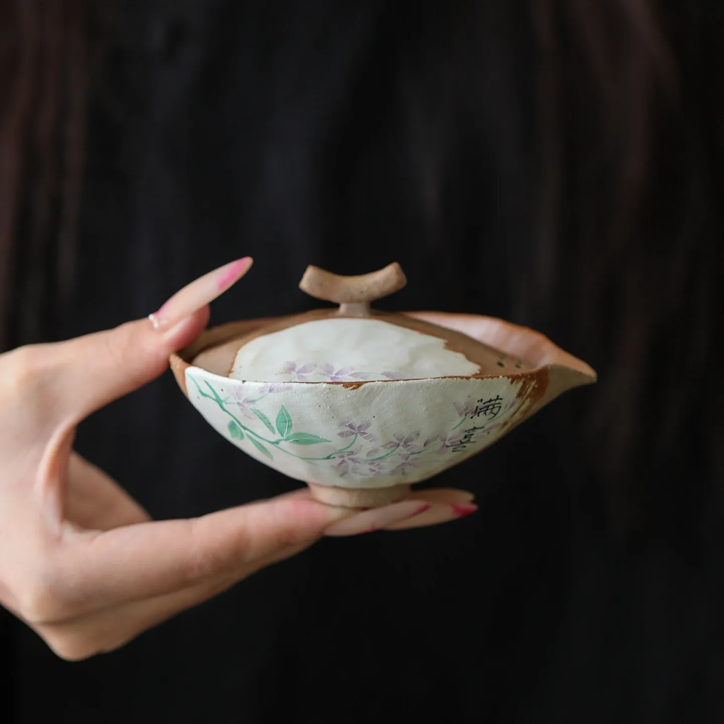 Hand Painted Old Rock Clay Full Joy Gaiwan, Rustic Wood Fired Style Lidded Tea Bowl for Loose Leaf Tea and Daily Tea Rituals