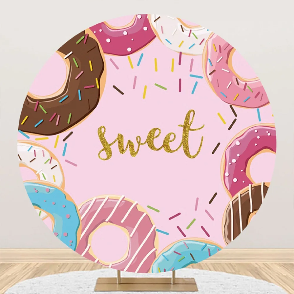 

Round Donut Backdrop Baby Shower Decoration Sweet Pink Girls Birthday Party Candy Bar Banner Sprinkles Circle Photo Background