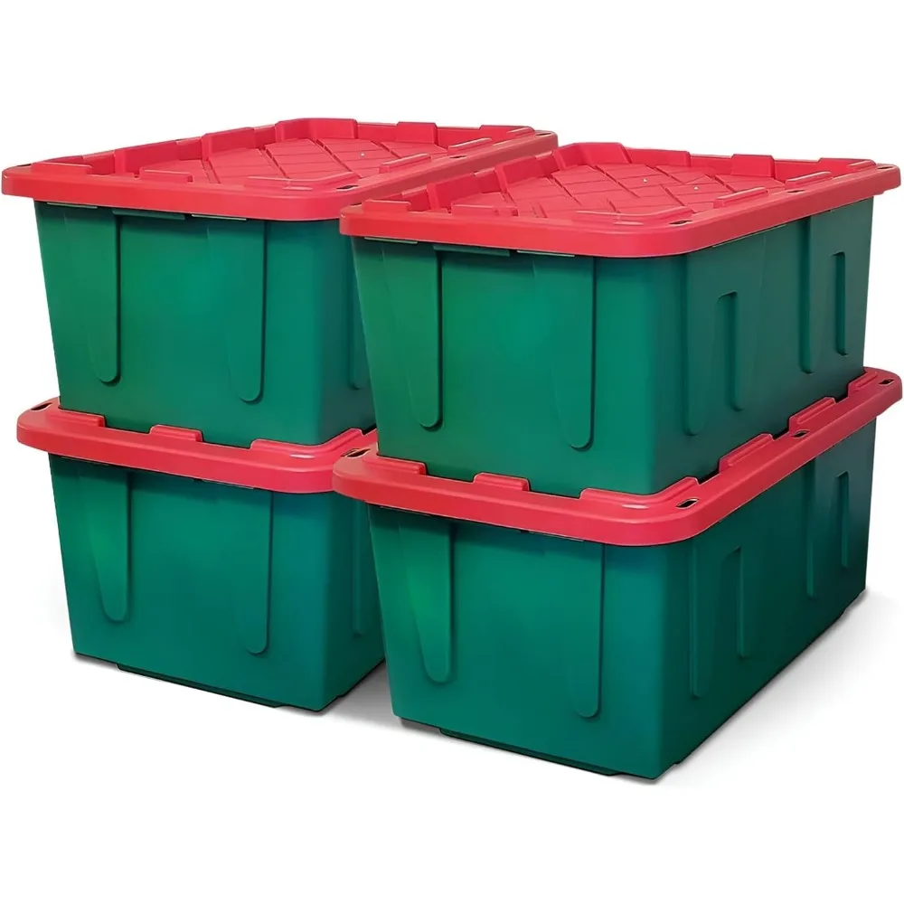 Paquete de 4 contenedores de almacenamiento de plástico resistentes Durabilt con tapas, 27 galones, rojo/verde, cajas contenedoras apilables para vacaciones, A