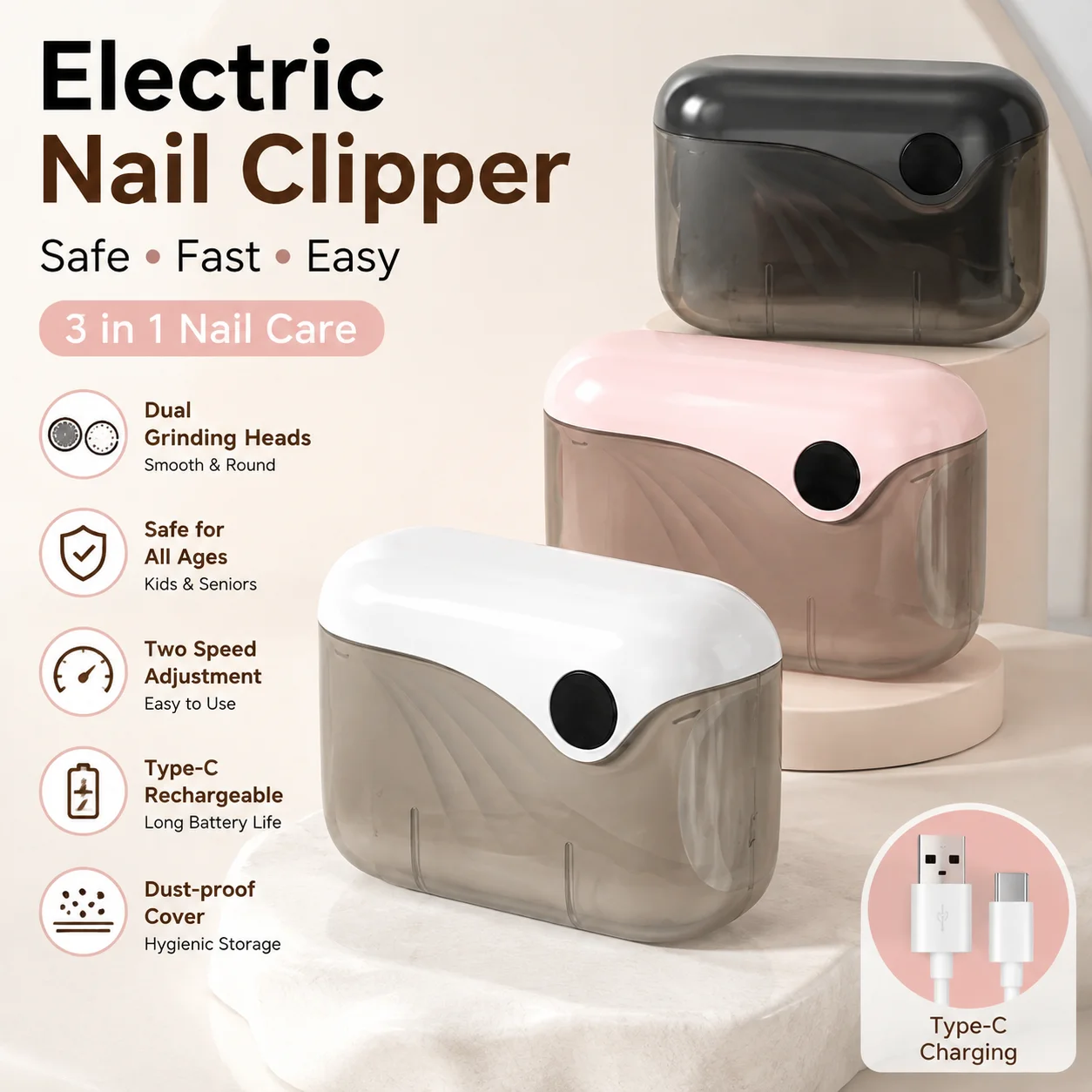 Electric Nail Clipper Automatic Nail Trimmer 3 in 1 Rechargeable Nail Cutter with Dual Grinding Heads for Kids Seniors Home Care