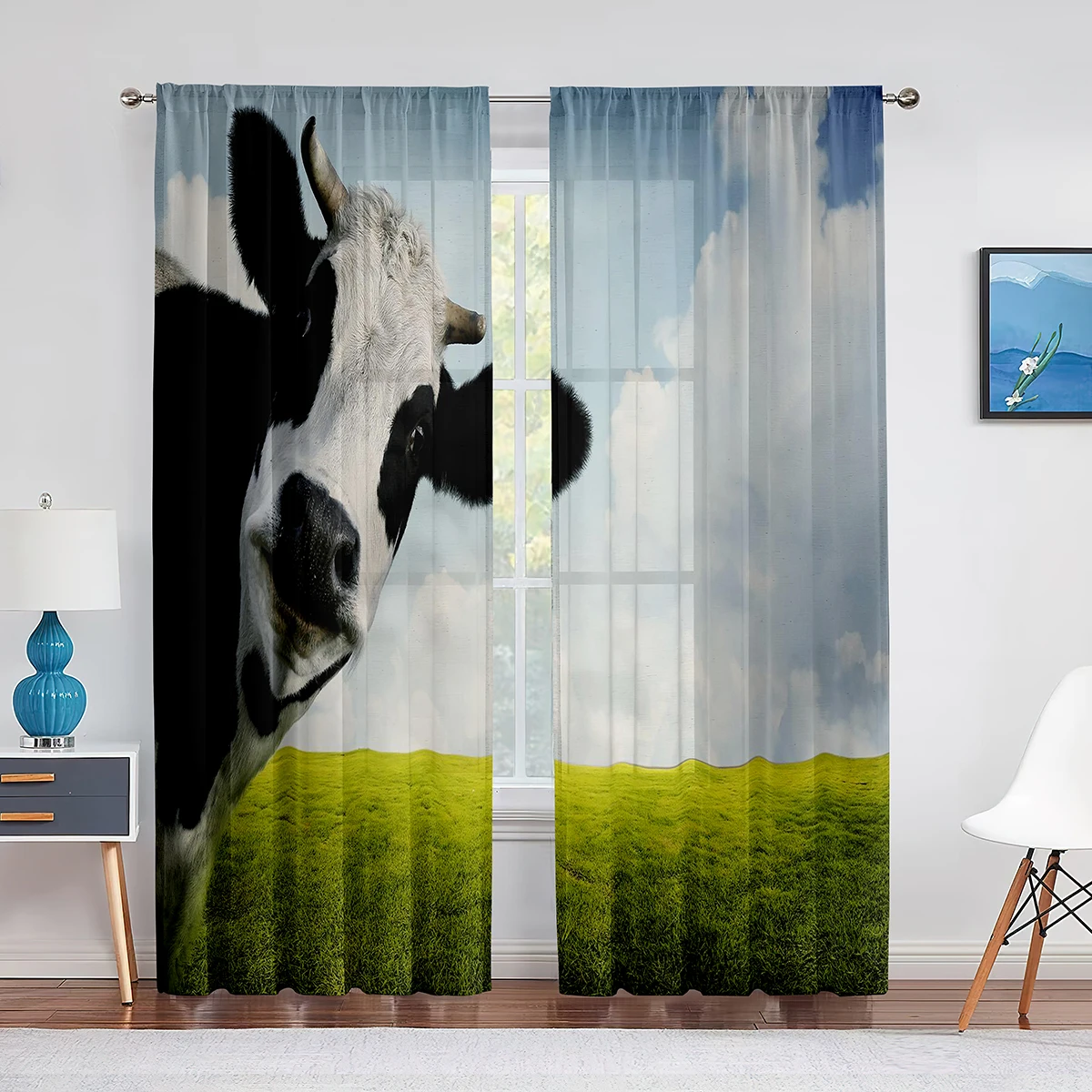 Milk Cow Pasture Meadow Grassland Tulle Curtains for Living Room Bedroom Decorations Sheer Voile Window Curtains Party Drapes