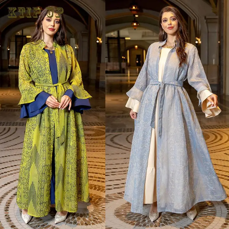 

Middle East Ramadan Moroccan Turkish Evening Dress Muslim Fashion Women's Ruffle Sleeve New Set Dress Abaya Islamic Arab Robe