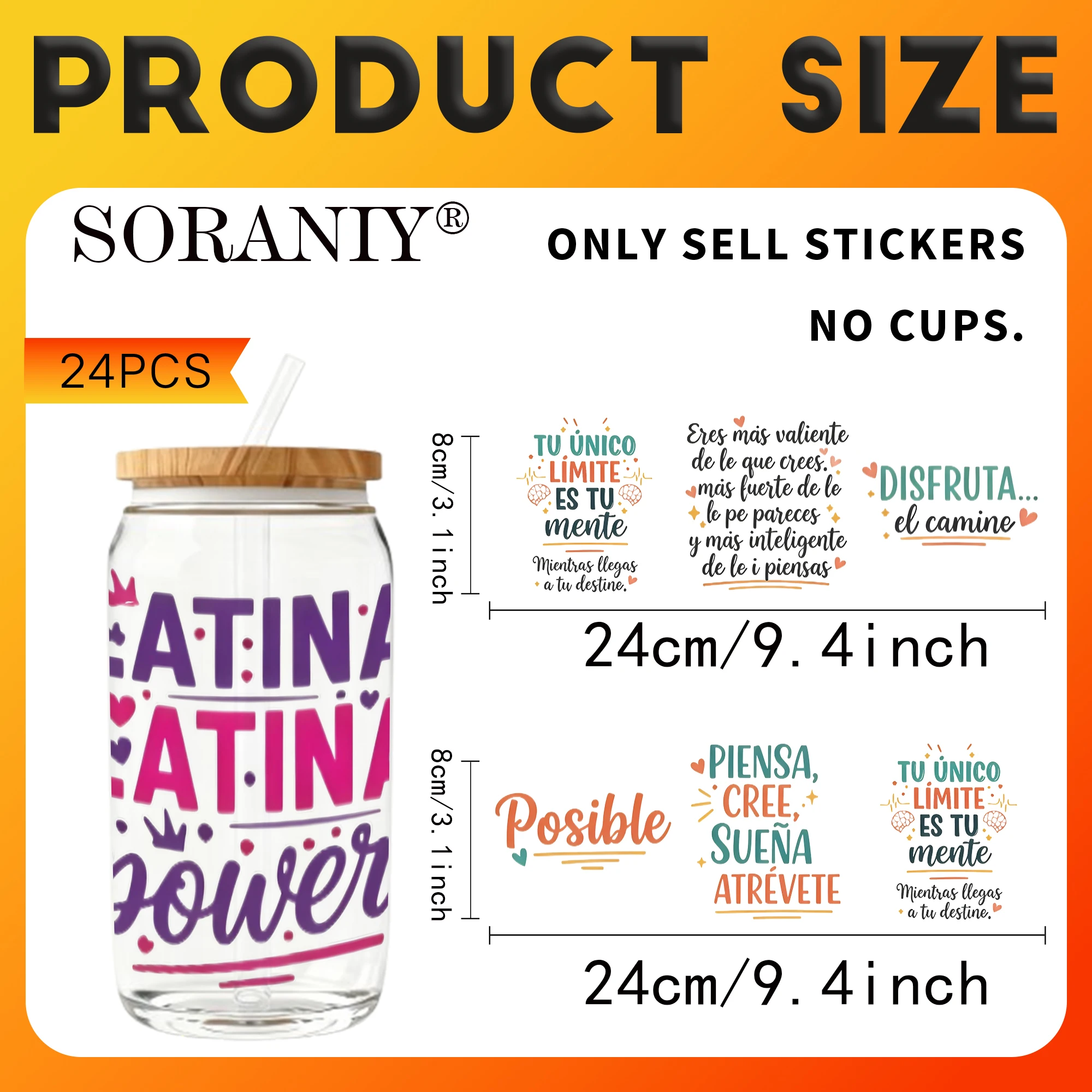 UV DTF Cup Stickers - 24Pcs/Set Spanish Latina Motivational Text Waterproof 16Oz Glass Jar DIY Transfer Decal, High Viscosity Ea
