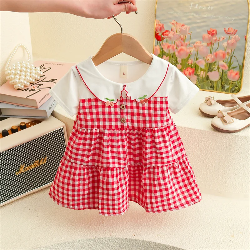 Summer New Small Fresh Plaid Baby Girl Dress, Sweet And Cute Cherry Collar Children\'S Short Sleeved Clothes (6-24 Months)