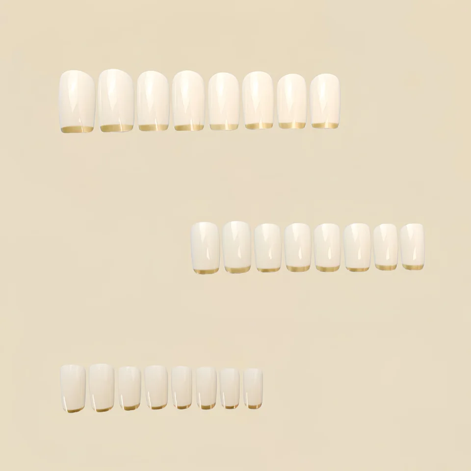 Uñas postizas medianas para mujer, punta cuadrada color crema con borde dorado, estilo francés, uñas de presión 2
