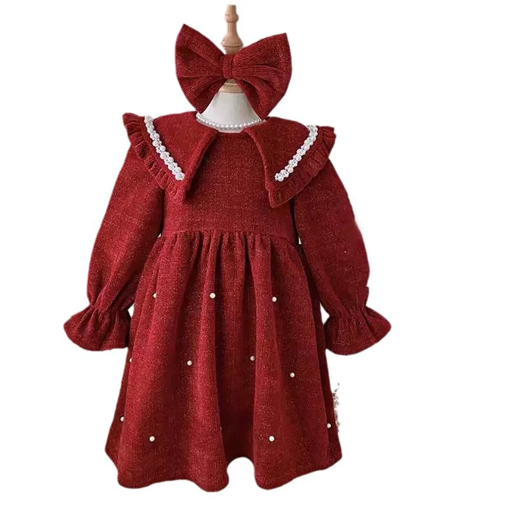 Girls Red Fleece Dress 2024 Autumn Winter Long Sleeve Peter Pan Collar Pearl Beading Princess Dresses Merry Christmas Kids Dress