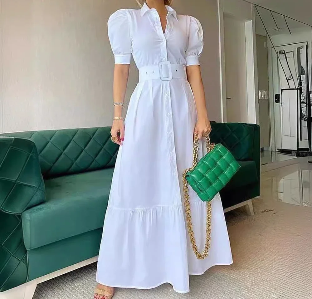 

Short Sleeved Dresses for Womens Fashion Elegant Temperamental Commuter Stripe Long High Waist Shirt Dress with Belt 2024 Summer