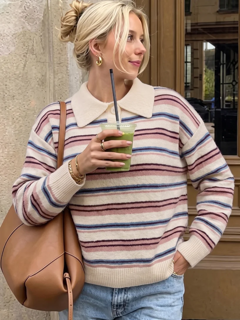 Women’s Knit Sweater, Striped Polo Collar Pullover with Contrast Collar, Long Sleeve Loose Fit Preppy Top, 2026 Autumn