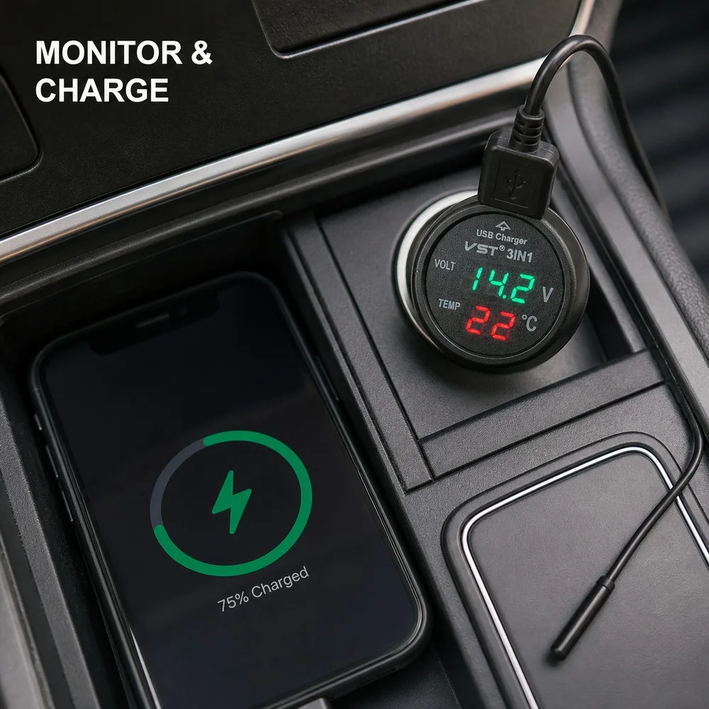 Digital Car Voltmeter Thermometer USB Charger 3-in-1 Dual LED Display Adapter for 12V 24V Vehicle Socket