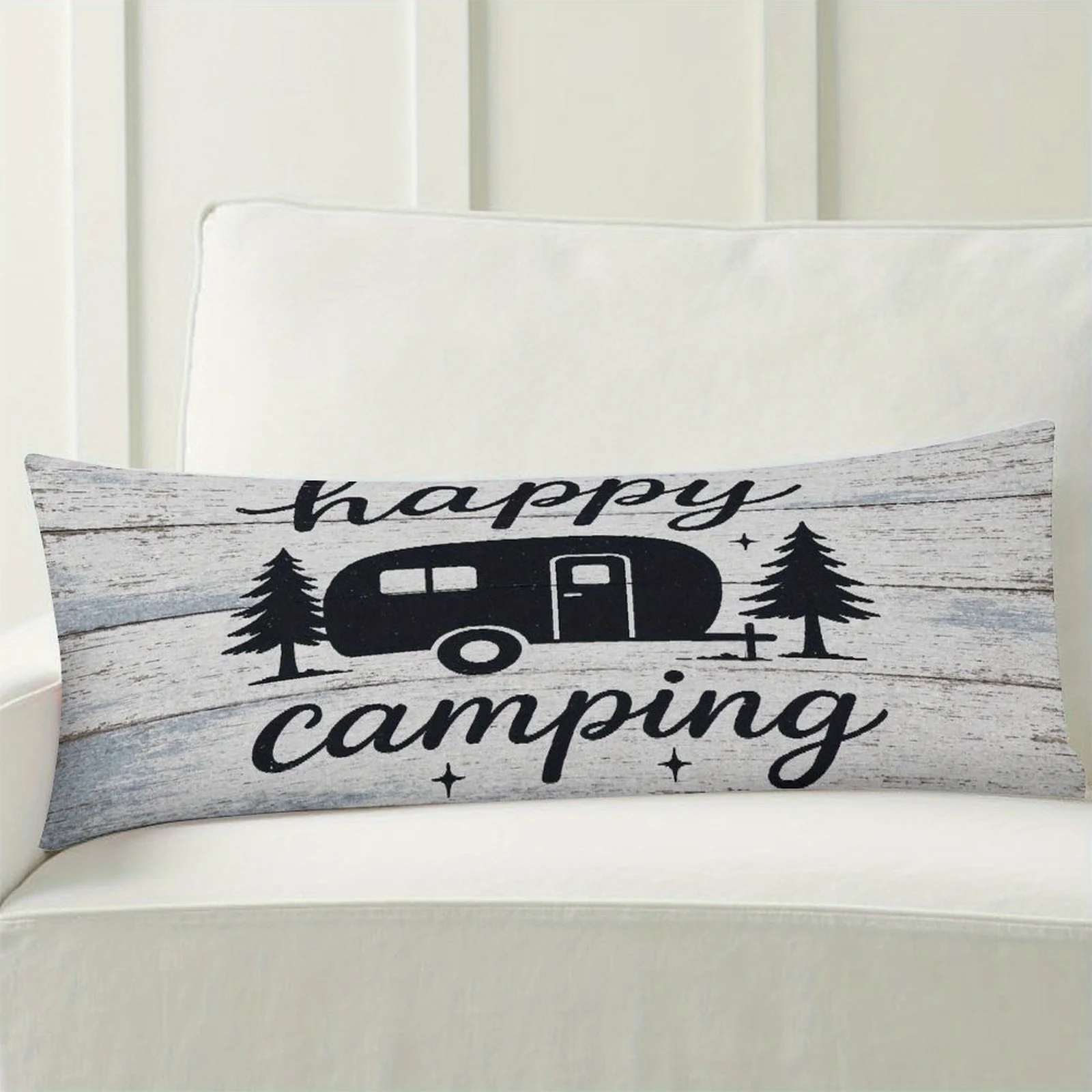 Ultra-Long Happy Camping Pillowcase - Retro Rented Car And Pine Tree Design - Soft Flannel Texture Sofa Pillowcase, Camping Deco
