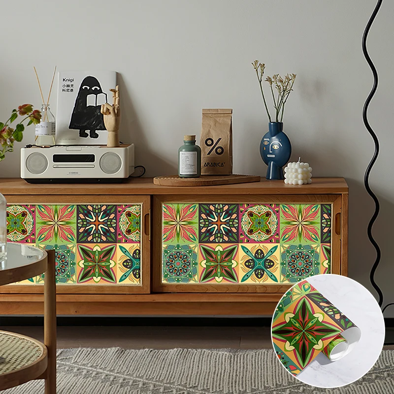 

Bohemian Geometric Pattern PVC Wallpaper Yellow Green Peel And Stick Waterproof Vinyl Wall Decor Retro Floral Cabinet Sticker