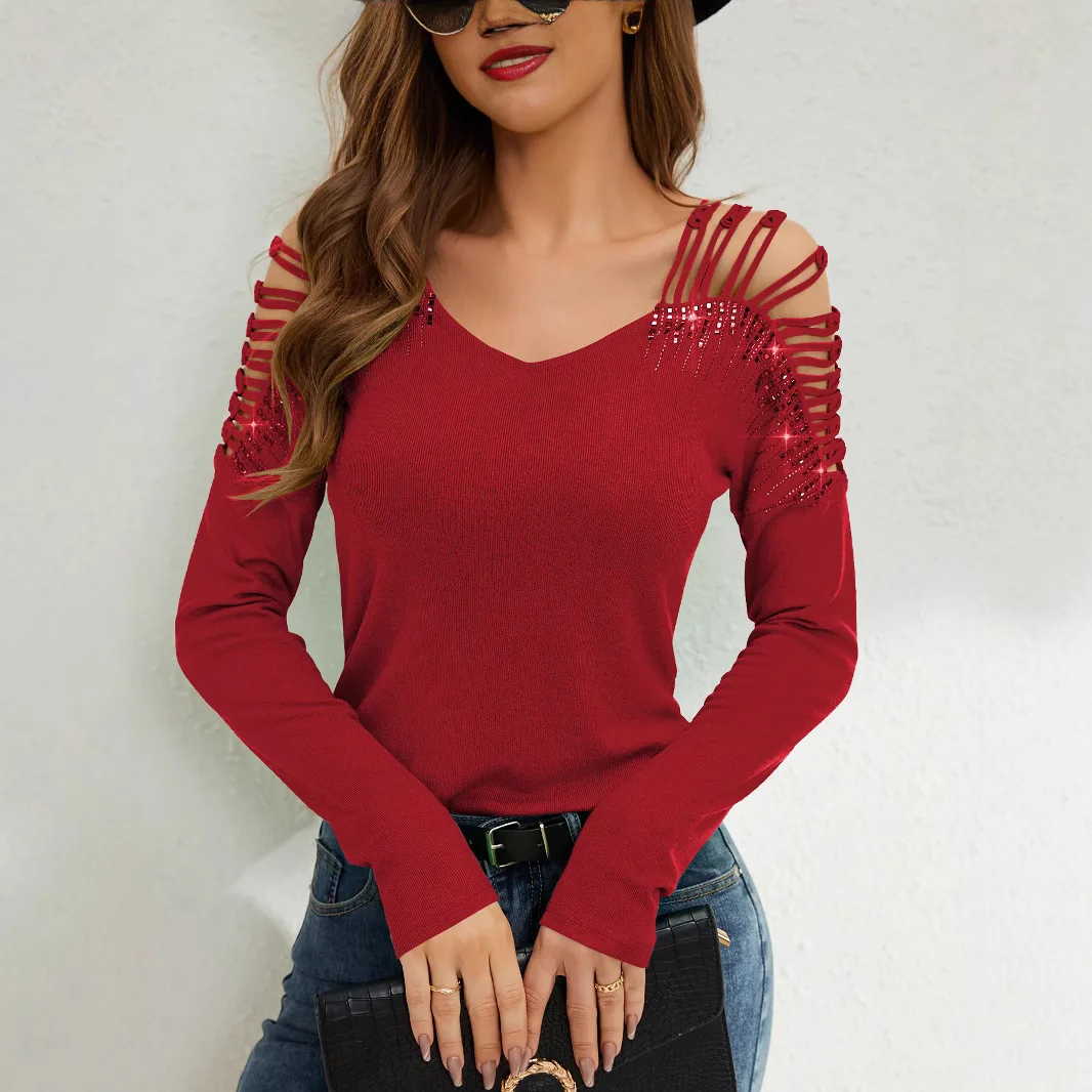 

2025 Spring and Autumn Women's Hot Diamond T-shirt Long Sleeve Hollow V Neck Elegant Fashion Pullover Simple Casual Comfort Tees
