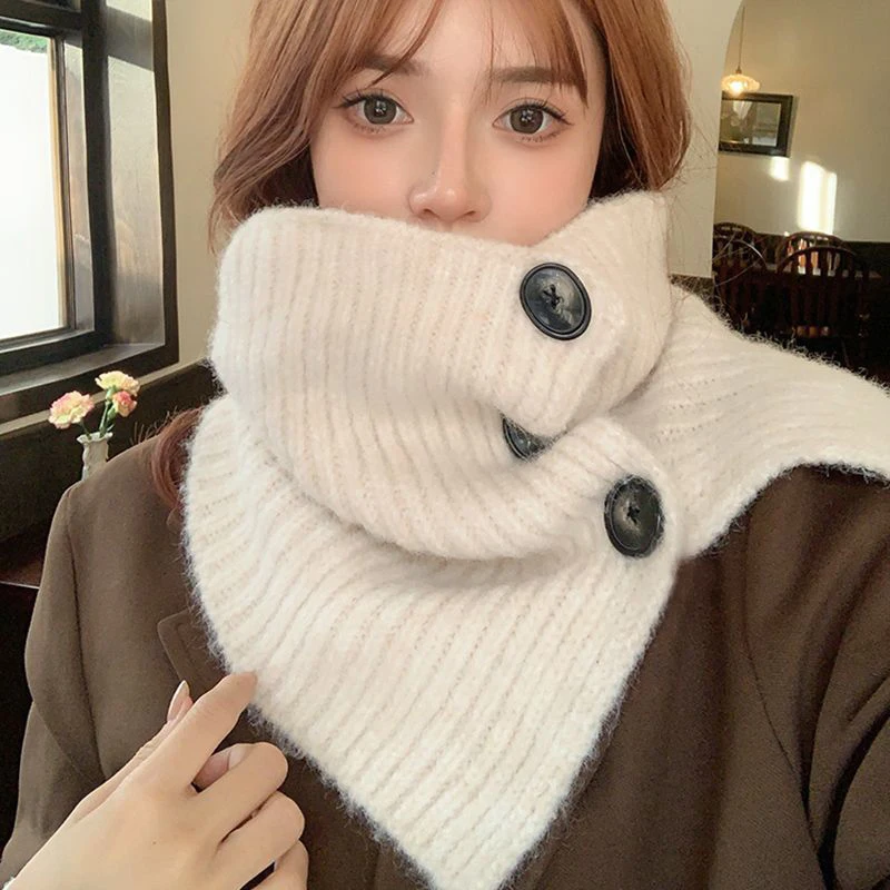 Winter Thicken Neck Warmer Cashmere Knitted Scarves Soft Pashmina Shawls Wraps Detachable Collar Female Retro Button Scarf