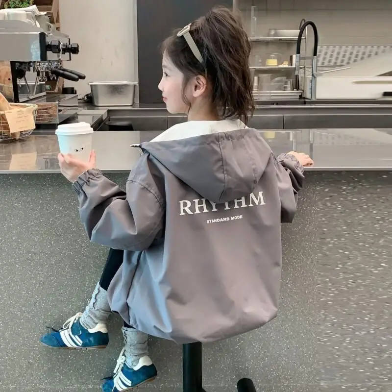 Girls Reversible Hooded Letter Print Casual Jacket Spring Autumn Windbreaker Coat for Big Kids Toddler Outdoor School Daily Wear