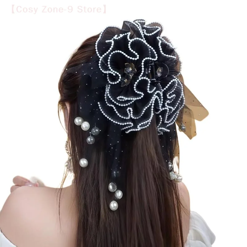 Jepit Rambut Rumbai Mutiara Imitasi Cakar Rambut Bunga Jaring Jepit Rambut Ekor Kuda Serbaguna Kelas Atas untuk Aksesori Rambut Wanita