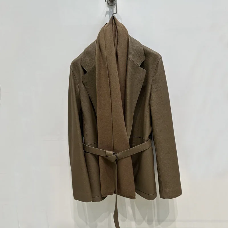 Luxurious scarf suit style women coat spring and autumn 2025 new fashion genuine leather jacket with belt