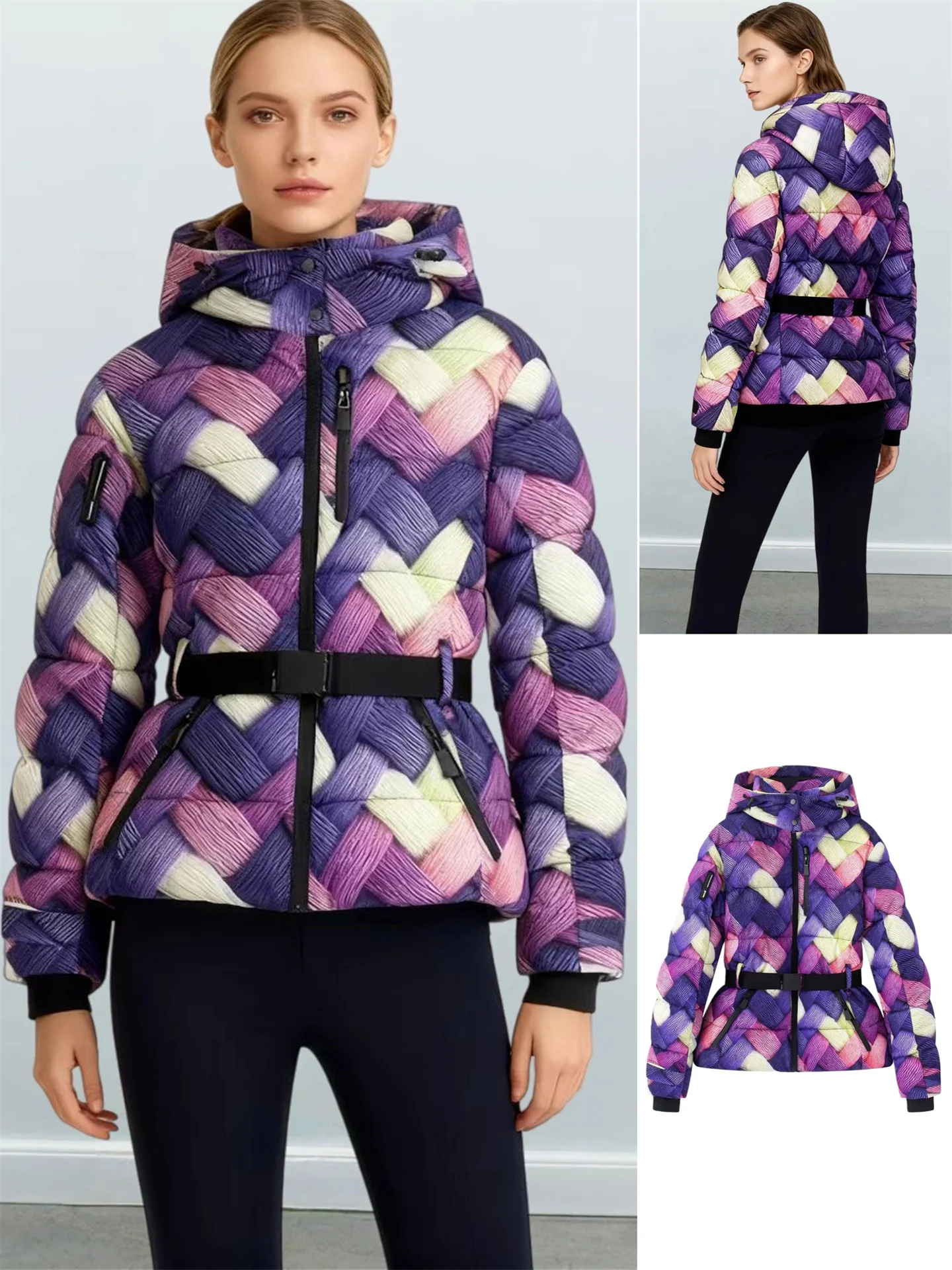 

Winter New Women's Faionable Sports Sle down Cotton Jaet with Belt Skiing Clothes Mountain Climbing Casual Bread Clothes