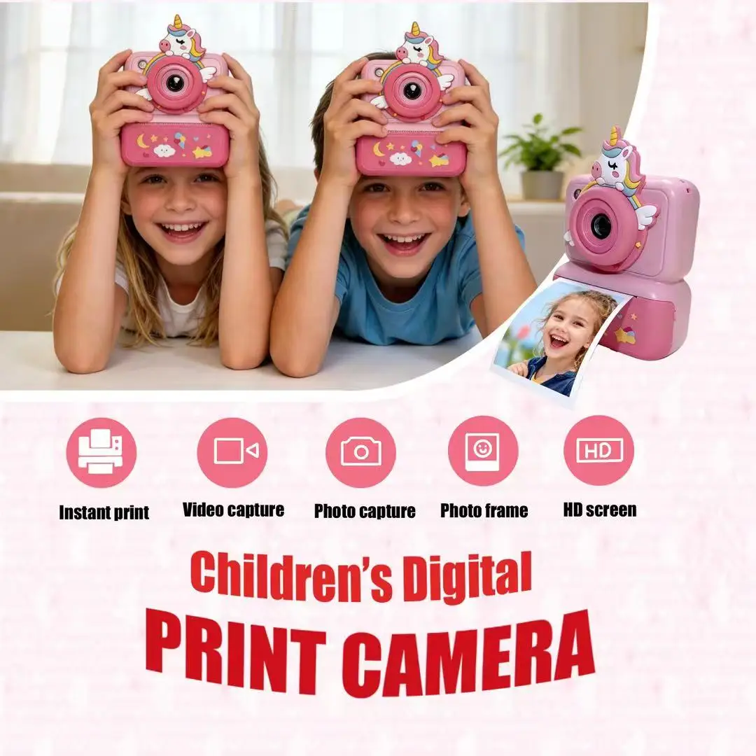 Unicorn Kids Instant Print Camera Dual Lens HD Video Selfie Thermal Print Toy Camera 6 Colors Portable Children Camera Birthday