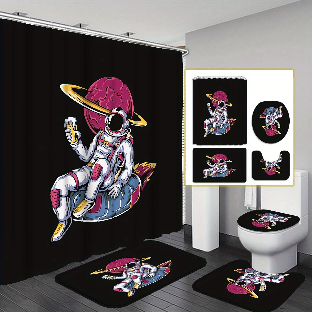 

4pcs Astronaut Cartoon Character Shower Curtain Set with 12 Hooks, Includes Matching Rug, Toilet Mat, and Complete Bathroom