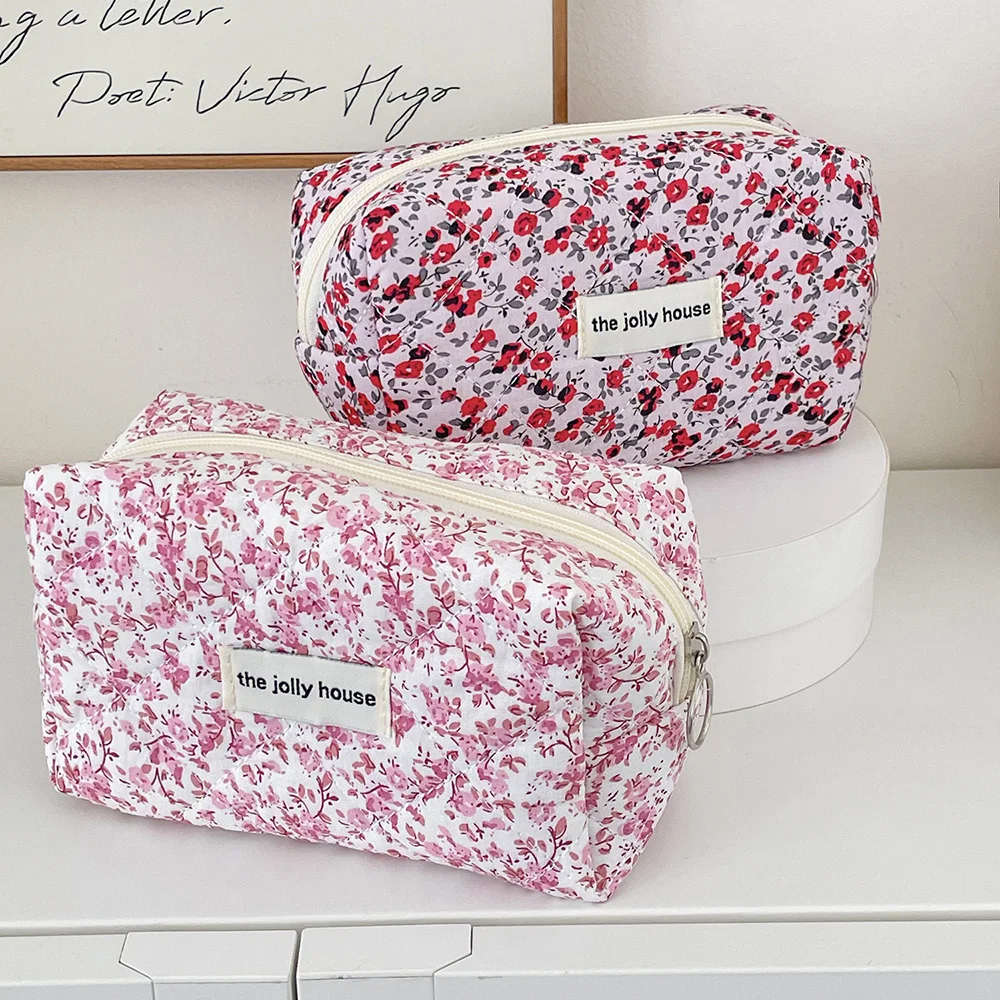 Bolsa de almacenamiento de maquillaje acolchada con flores, organizador de viaje portátil, neceser de aseo, bonito bolso de maquillaje Floral