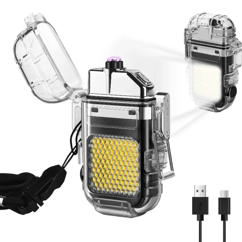 New Flashlight USB Rechargeable Lighter Waterproof and Windproof Double Arc Lighter Outdoor Camping Lighting Tool Men\'s Gift