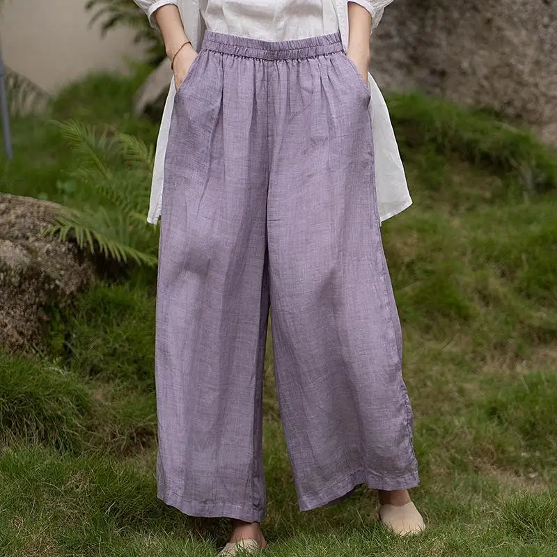 

Spring Summer New Style Women Elastic Waist Loose Casual Trousers Double-deck Ramie Solid Pink Wide Leg Pants Good Quality D157