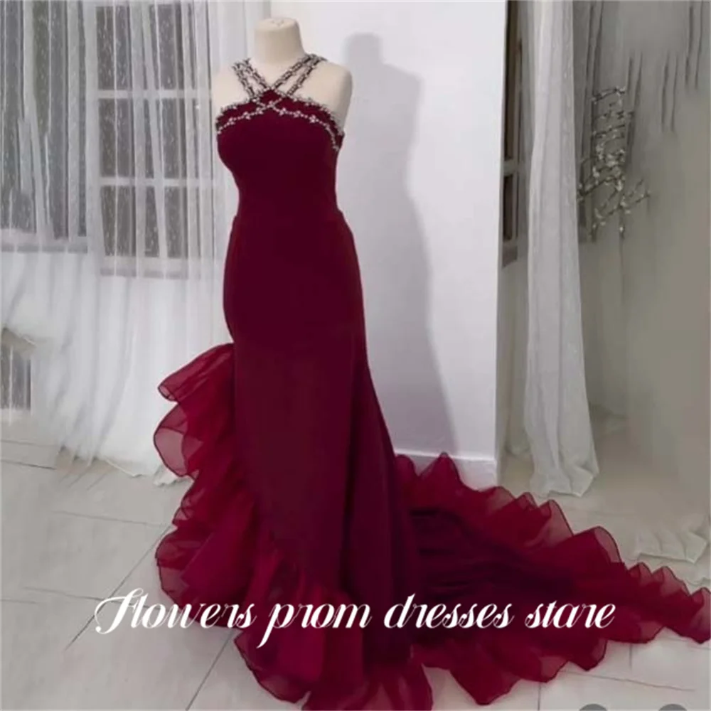 

Flowers Burgundy Evening Dresses Halter Neck Prom Dresses Wrap Hips Party Dresses with Crystal Gala Dress for Women Customized