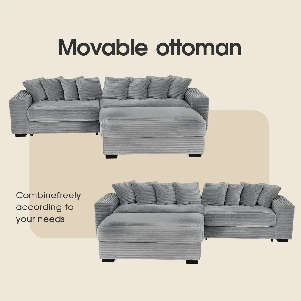 Luxe Oversized L Shaped Sofa with Chaise，Comfy Faux Fur Plush L Shaped Sectional Couches with 8 Pillows，Soft Fluffy Uph