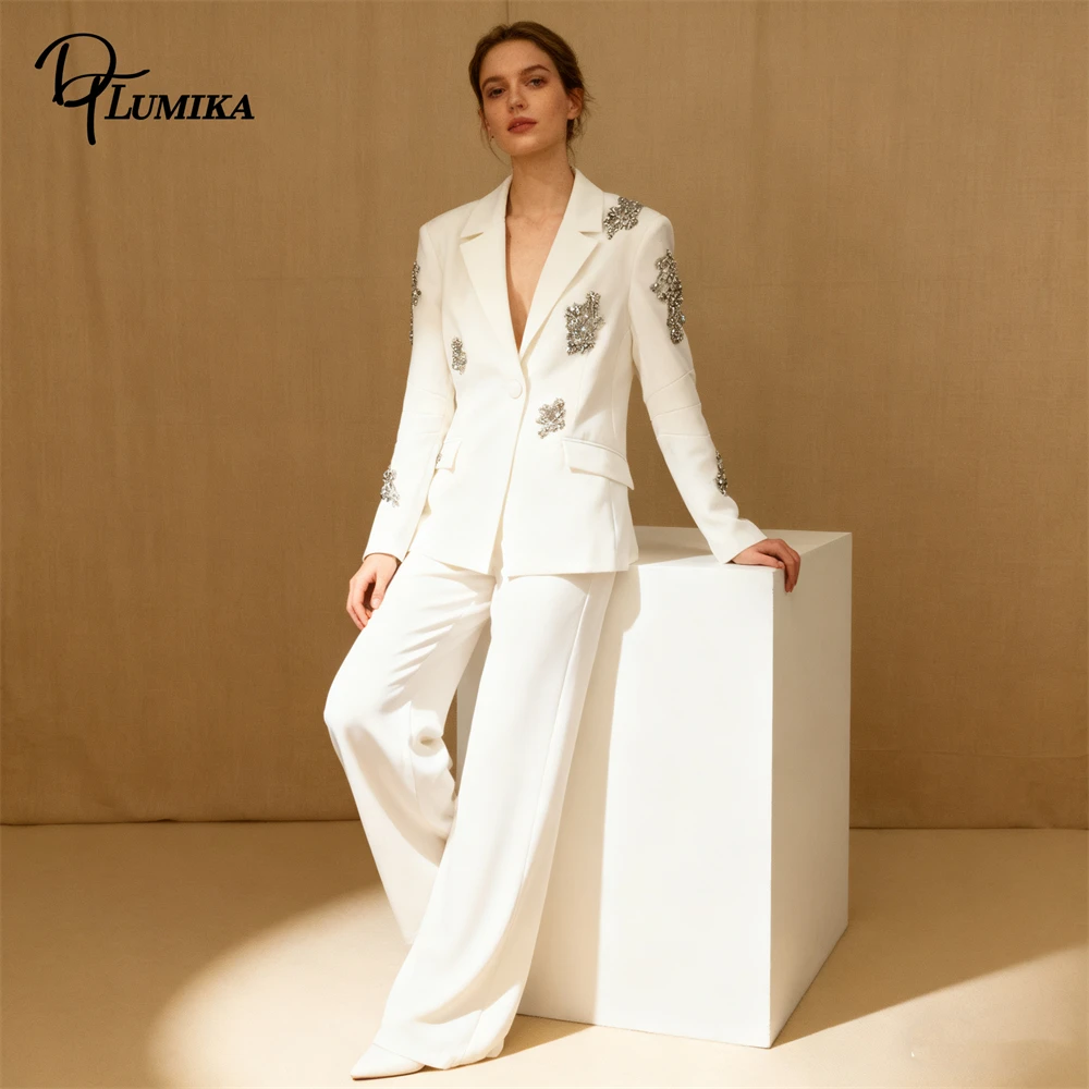 DTLumika Crystals 2-Piece Formal Suit Set for Women S-2XL Plus Size Slim Tuxedo Slim Pageant Business Dinner Suit Jacket Pants