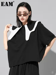 [EAM] Women Black Color-block Big Size Casual T-shirt New Round Neck Half Sleeve Fashion Tide Spring Summer  2024 1DE7645