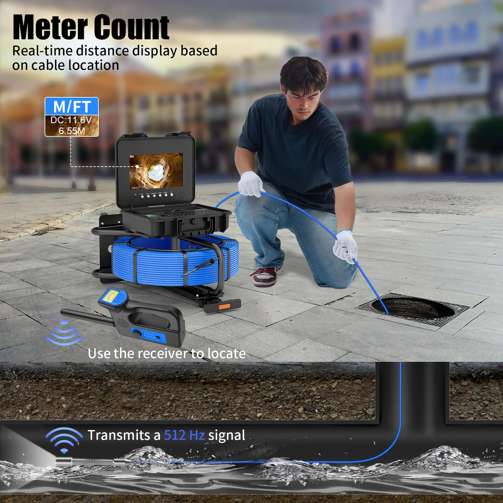 Caméra d'inspection de tuyaux d'égout 10 pouces, localisateur AHD 1080P 512Hz, câble en fibre de verre 30-100M, auto-nivelant automatique, carte DVR 32G TF