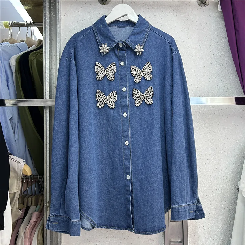 2025 Early Spring New Denim Heavy Industry Butterfly Diamond Loose Jacket Versatile Casual Street Fashion Tops Women Shirt