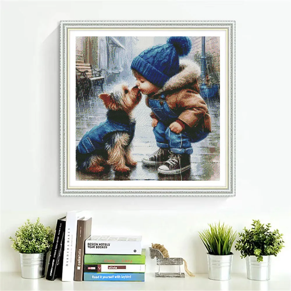 HUACAN Cross Stitching Sets Girl Dog Portrait Cross Stitch Animal Hobby Craft 11Ct Picture Printed Canvas Wall Decor - view 3