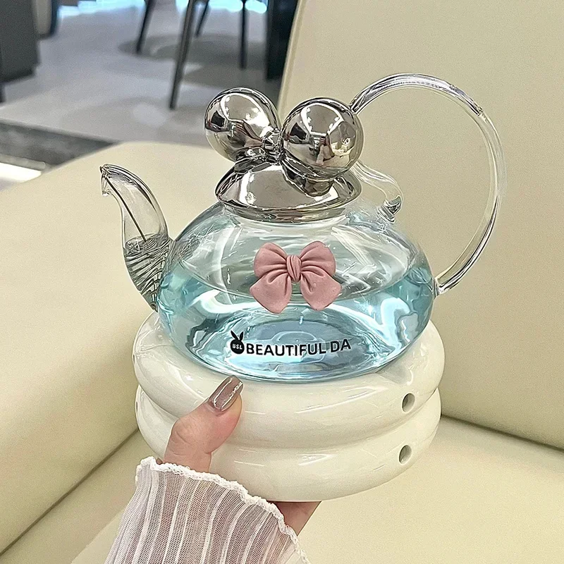 Light Luxury Cream Style Bow Flower Tea Pot Set with Heatable housewarming Gift