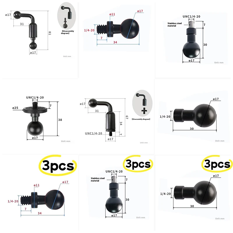 

1/3 шт. для 13 12 Insta360 Action 5pro Pocket 3, держатель, разъем для рук, подставка для телефона, адаптер с шаровой головкой 17 мм, крепление, винт 1/4 дюйма